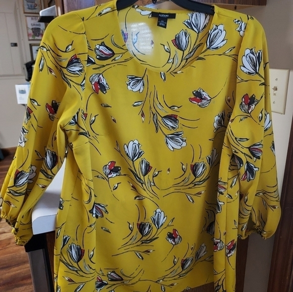 Alfani women's 0x top 100% polyester gold/mustard color floral - Picture 6 of 7